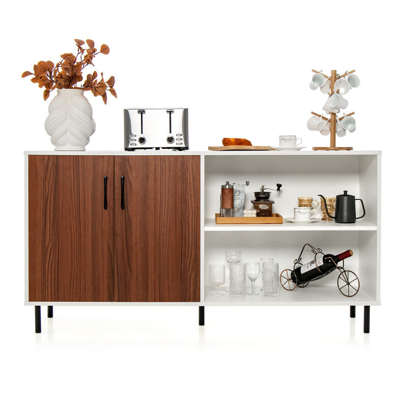 Modern Buffet Sideboard with 2 Doors and Open Compartments-Walnut