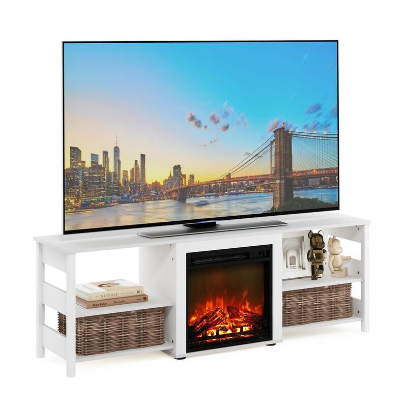 Furinno Classic 70 Inch TV Stand with Fireplace, White Emboss