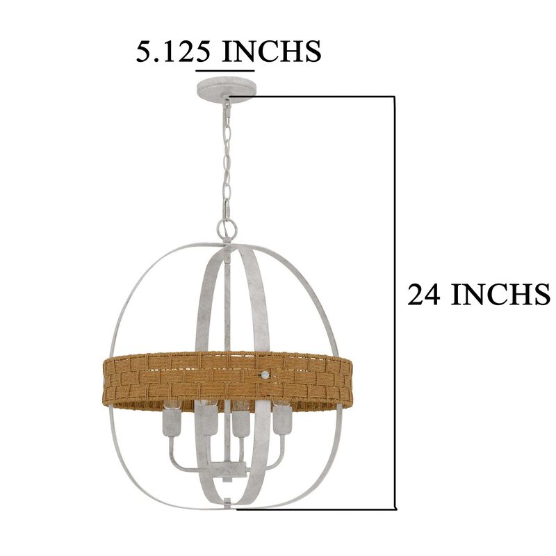 Baty Chandelier, 4 Light Rustic Rattan Round, White Metal 21 Inch - Benzara
