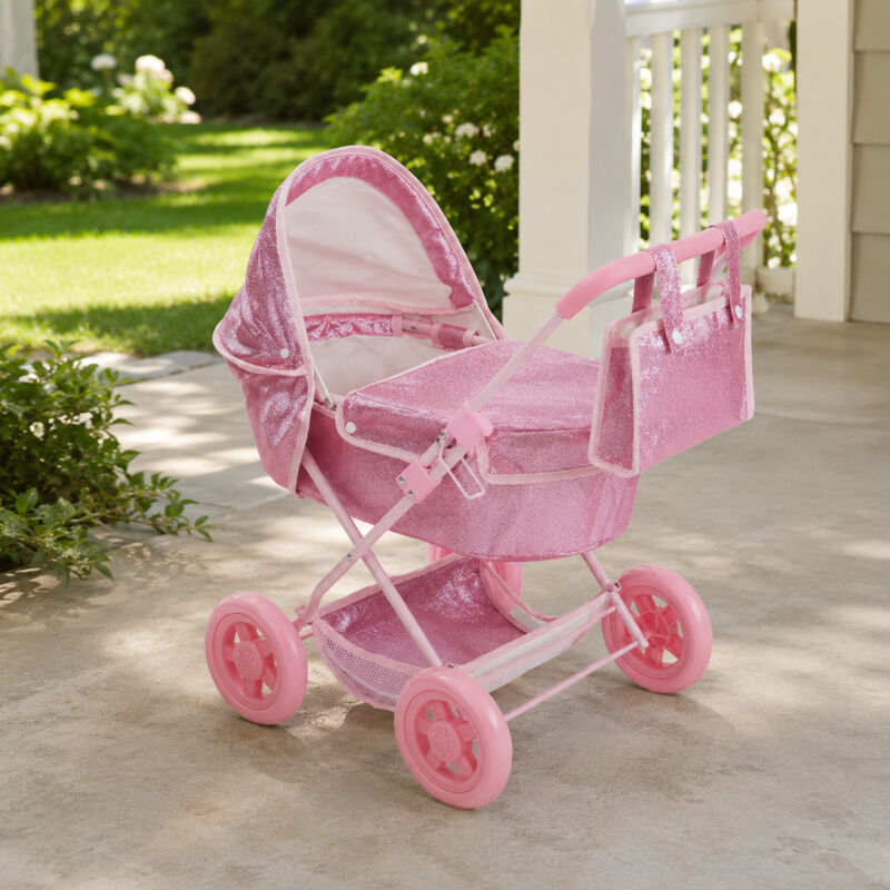 Olivia's Little World Baby Doll Bassinet Pram with Cover, Glitter Pink Doll Stroller with Retractable Canopy, Handle and Under Pram Storage for Doll Accessories image number 5