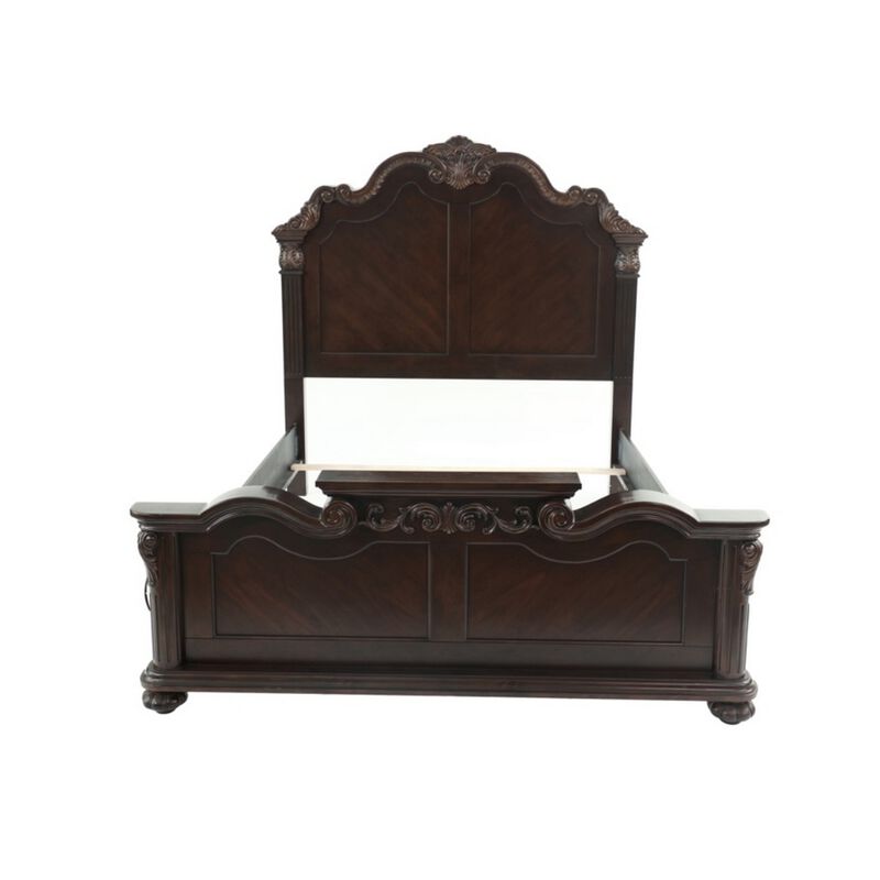 Splendidly Carved Queen Wooden Bed, Dark Walnut And Veneer Finish - Benzara