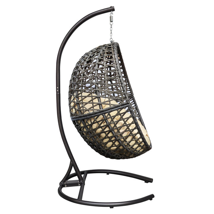 Hanging Swing Egg Chair with Stand, Outdoor Patio Wicker Tear Drop Shaped Hammock Chair with Cushion (Khaki)