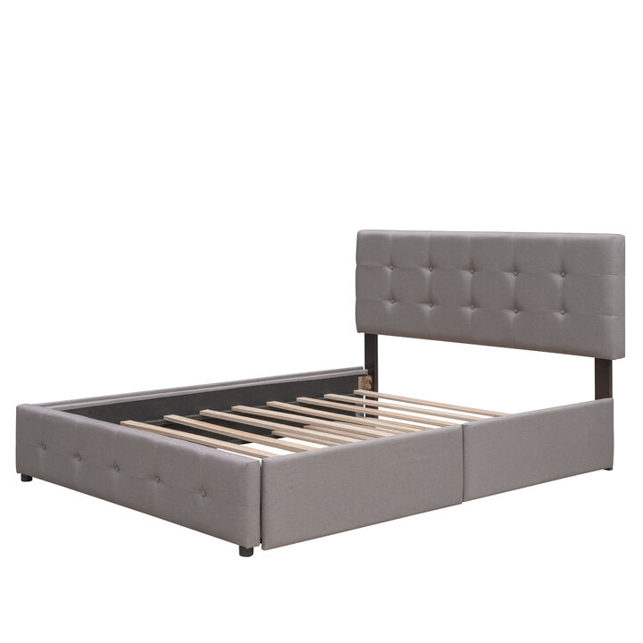 Whisen Queen Size Upholstered Platform Bed with 2 Drawers & Twin XL Trundle, Linen Fabric Space-Saving Bed for Bedroom