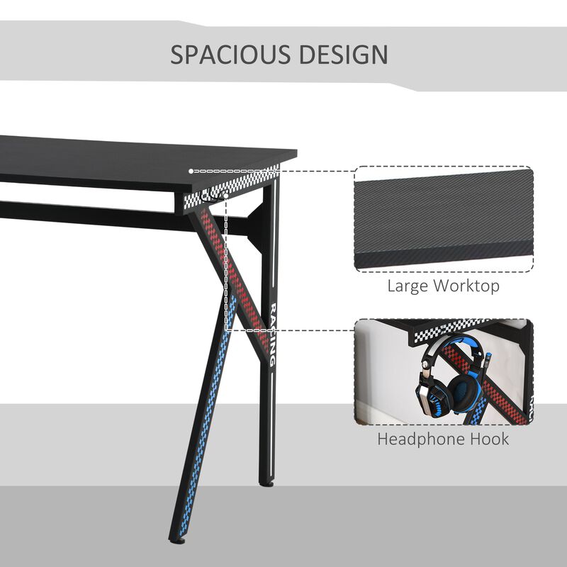 43" Racing Style Gaming Desk with Multi-Colored K Steel Frame Design and Headset Side Hook, Black/Multi