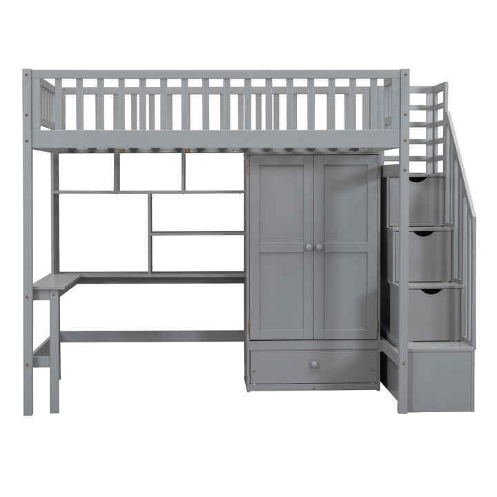 Twin size Loft Bed with Bookshelf, Drawers, Desk, and Wardrobe Gray