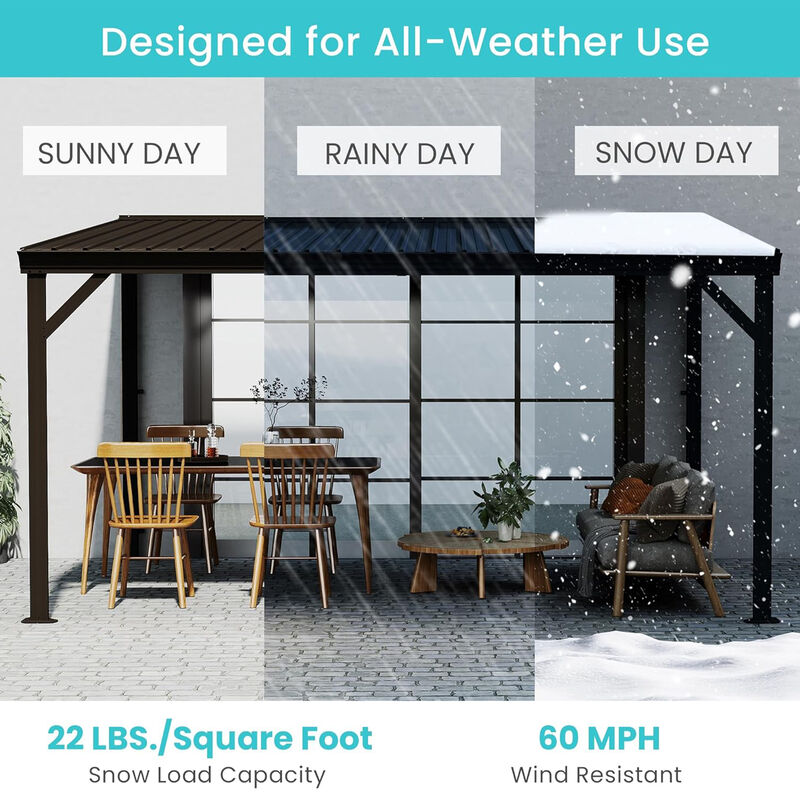 10X14FT Wall Mounted Gazebos Pergola with Built in Drainage System, Galvanized Steel Roof Hardtop Patio Shelter, Gray image number 8