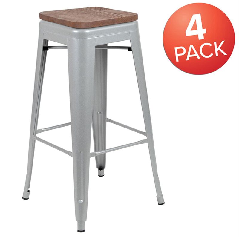 Flash Furniture Lily 30" High Metal Indoor Bar Stool with Wood Seat in Silver - Stackable Set of 4