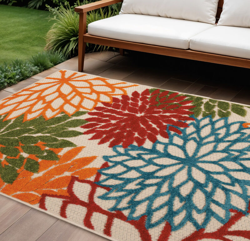 HomeRoots 6' X 9' Ivory Yellow Orange Green And Blue Floral Indoor Outdoor Area Rug image number 1