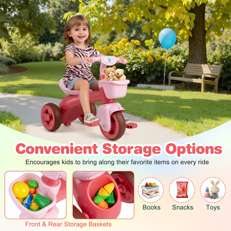 Toddler 3-Wheel Tricycle with Front Basket, Bell and Steering Control image number 6