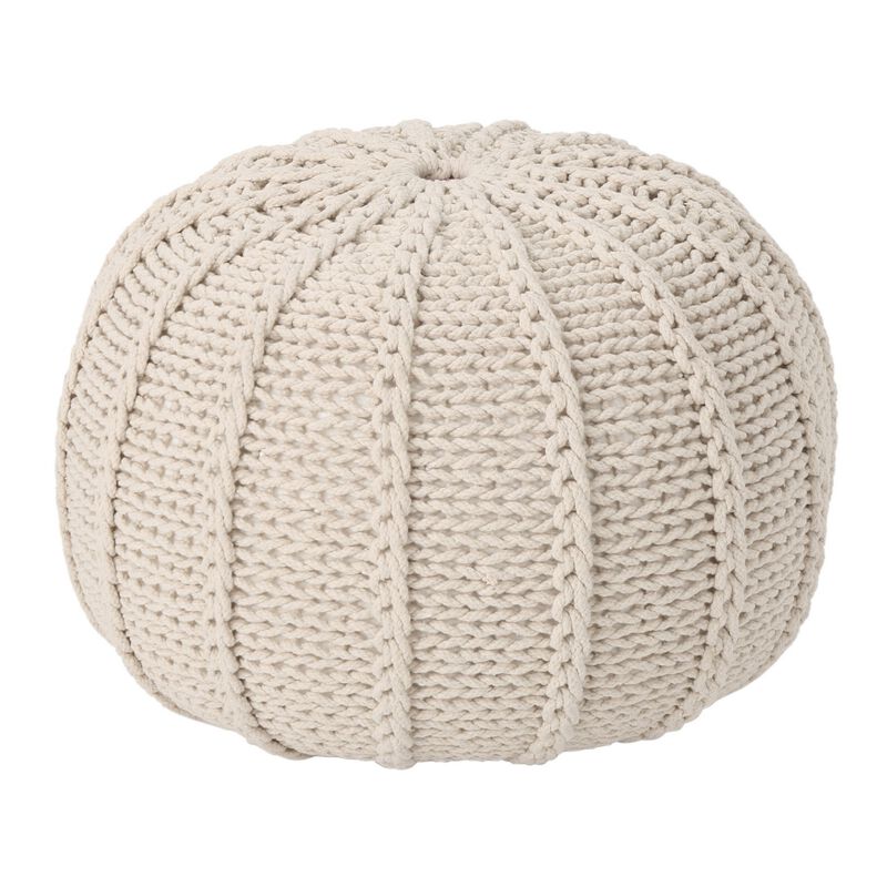 Round Knitted Pouf Ottoman, Handwoven Details, 20 Inch Beige Cotton - Benzara