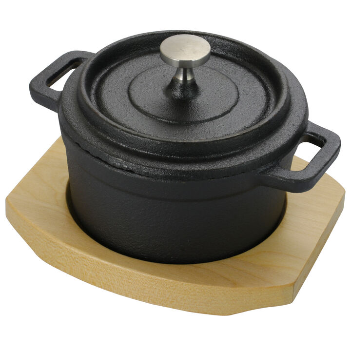 Gibson Home Campton 0.3 Quart Mini Round Cast Iron Casserole Dutch Oven with Lid and Wooden Base