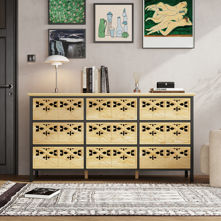 FUFU&GAGA 9-Drawer Tall Storage Cabinet , Modern Chest Organizer for Bedroom, Living Room, or Office (59.1 in. W x 15.7 in. D x 31.5 in. H),  Natural Wood Finish and Black Accents