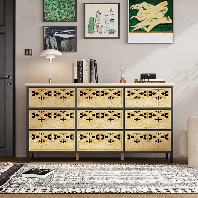 FUFU&GAGA 9-Drawer Tall Storage Cabinet , Modern Chest Organizer for Bedroom, Living Room, or Office (59.1 in. W x 15.7 in. D x 31.5 in. H),  Natural Wood Finish and Black Accents