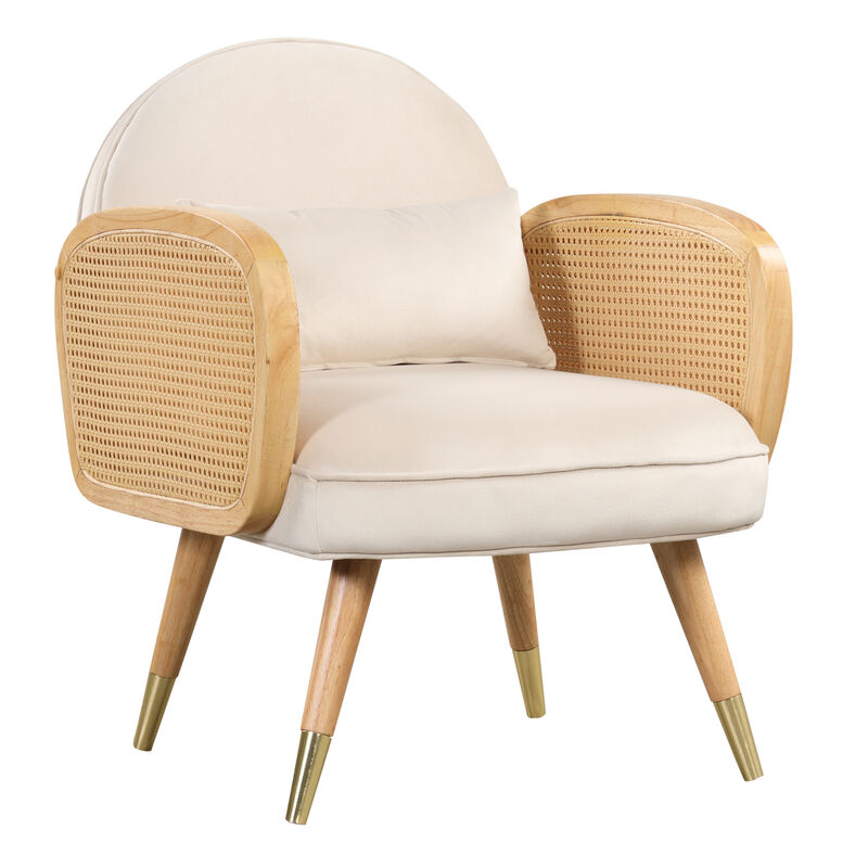 Armchair with Rattan Armrest and Metal Legs Upholstered Mid Century Modern Chairs for Living Room or Reading Room, White