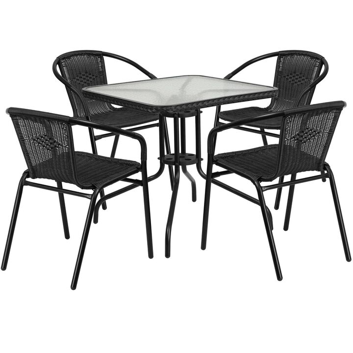 Flash Furniture Lila 28'' Square Glass Metal Table with Black Rattan Edging and 4 Black Rattan Stack Chairs
