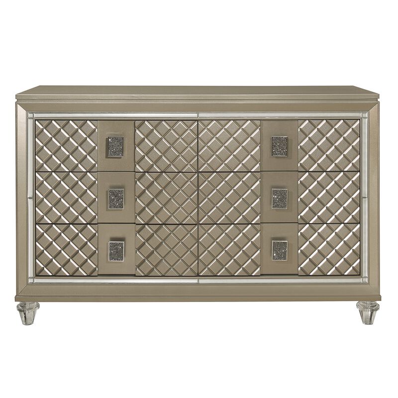 Loy Dresser, 55 Inch, 6 Drawers, Champagne Gold Metallic, Mirror Trim - Benzara