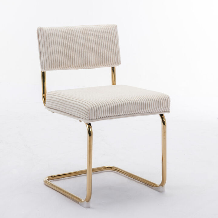 Modern Dining Chairs with Corduroy Fabric, Gold Metal Base, Accent Armless Kitchen Chairs with Channel Tufting, Side Chairs, Set of 2, Beige