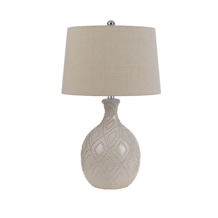 27 Inch Table Lamp Set of 2, Ceramic Base, Hardback Fabric Shade, Ivory-Benzara