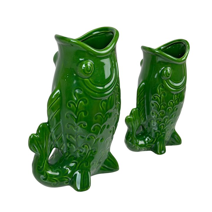 Set of 2 Green Glossy Porcelain Vases 8in Gurgling Fish Coastal Decor