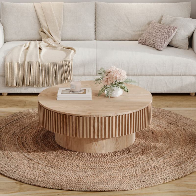 Round coffee table with storage Solid wood veneer and MDF coffee table with fluted base Modern accent coffee table for small spaces image number 3