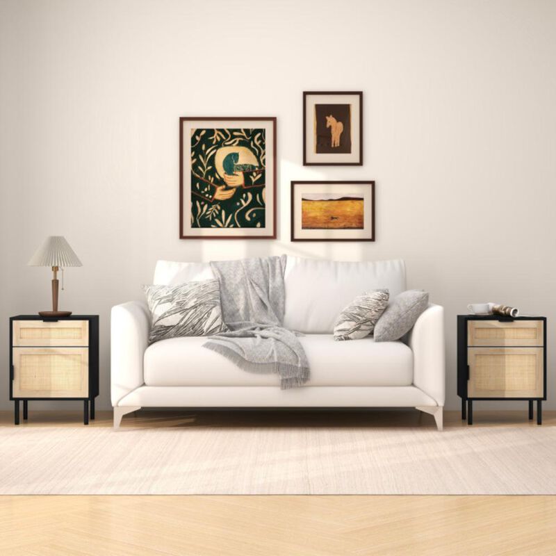 Hivvago Rattan Nightstand Set of 2 with Drawer and Cabinet