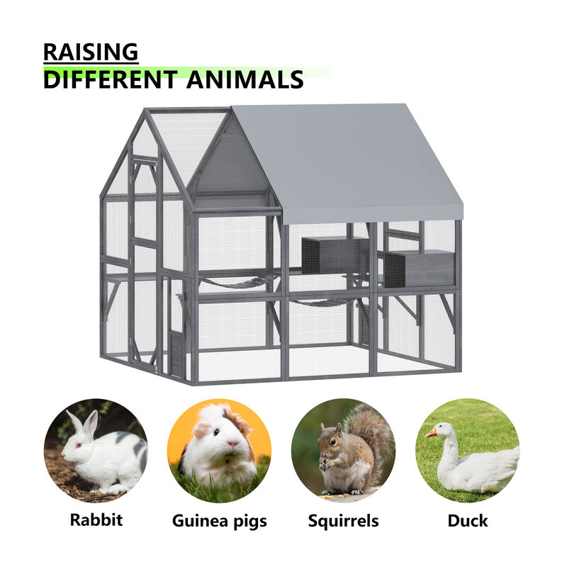 Large Wooden Outdoor House, 43 Sq. Ft. Cat Run Enclosure Walk in Cat Catio Kitten Condo with Enter Door, Roof Cover