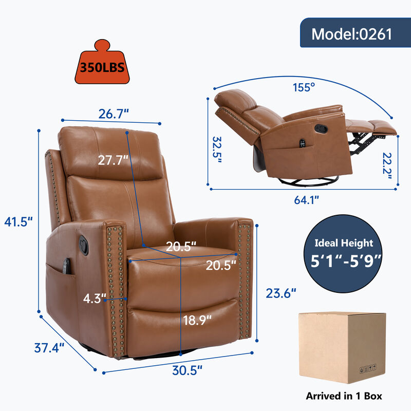 Genuine Leather Heat Massage Manual Recliner Chair with Rocker and Swivel for Living Room image number 2