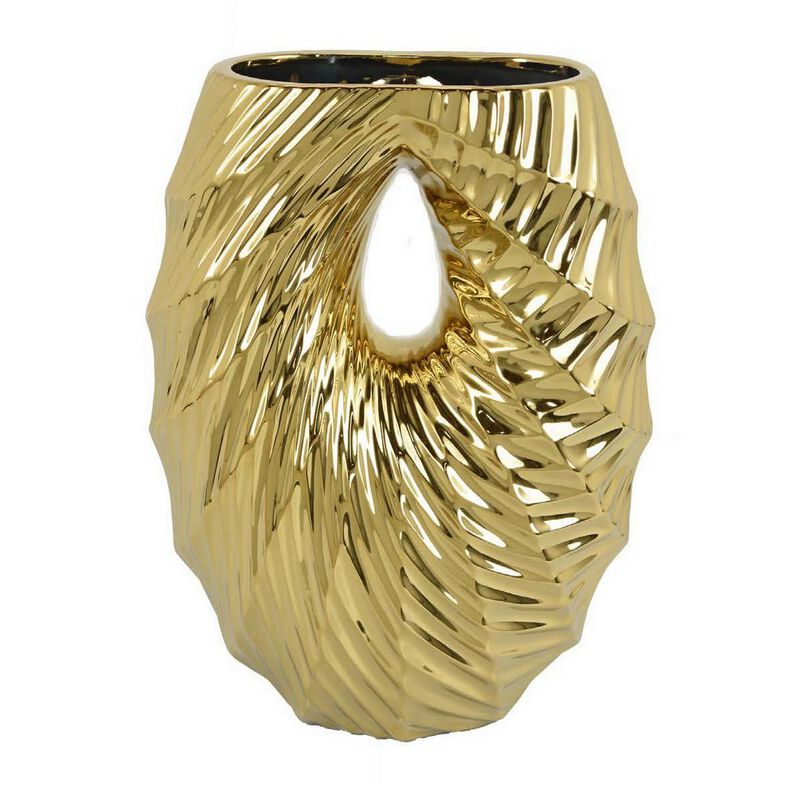 Decorative Vase, 16 Inch U Shape Ceramic Body, Gold Geometric Pattern - Benzara