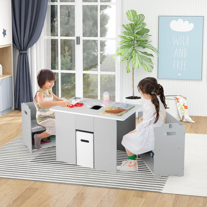 4-in-1 Kids Table and Chairs with Multiple Storage for Learning-Grey