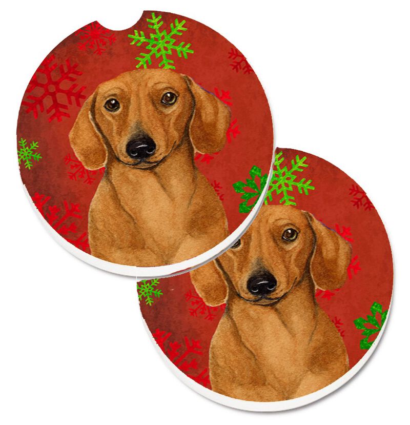 Caroline's Treasures Dachshund Red & green Snowflakes Holiday Christmas Set of 2 Cup Holder Car Coasters LH9312CARC, 2.56, Multicolor image number 0