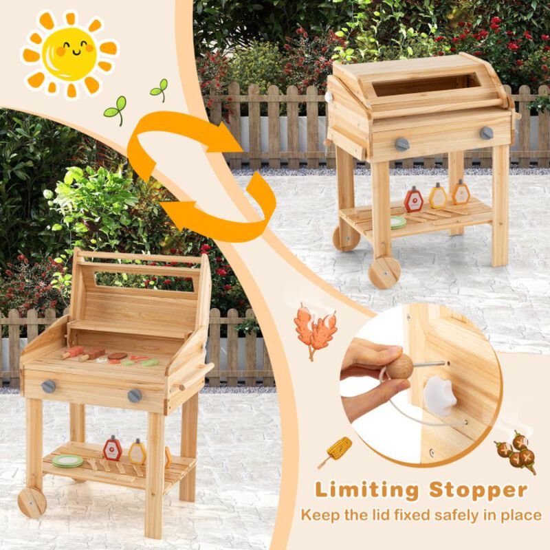 Hivvago Kids Wooden Barbecue Grill Playset Pretend Kitchen with Food and Wheels