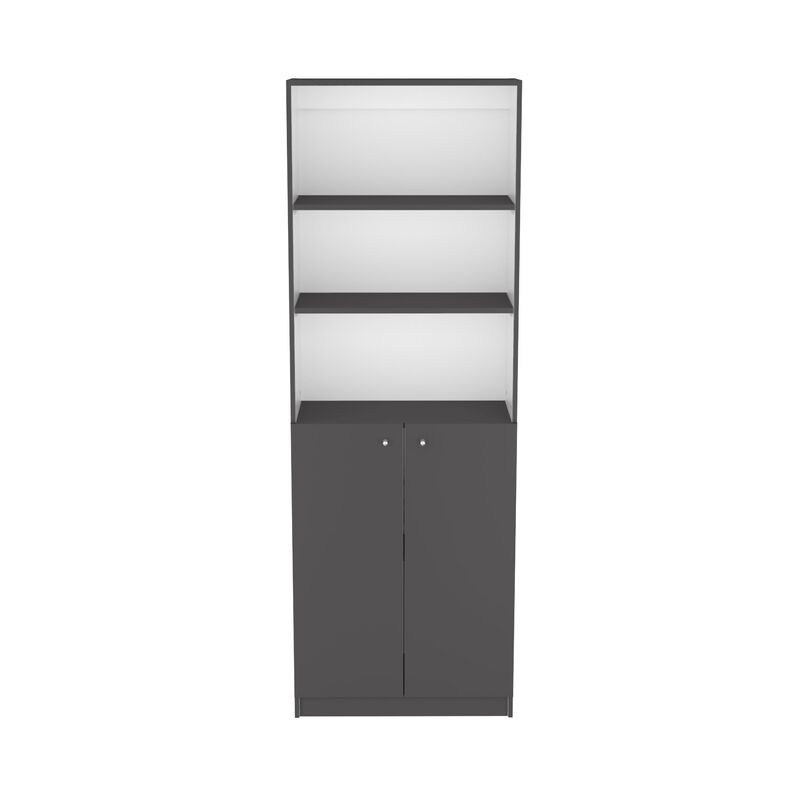 Home 2-Door Bookcase, Modern Storage Unit with Dual Doors and Multi-Tier Shelves -Matt Gray / White