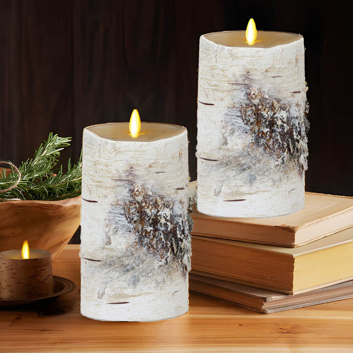 Set of 2 LED Birch Candles for Rustic Flameless Lighting and Home Décor