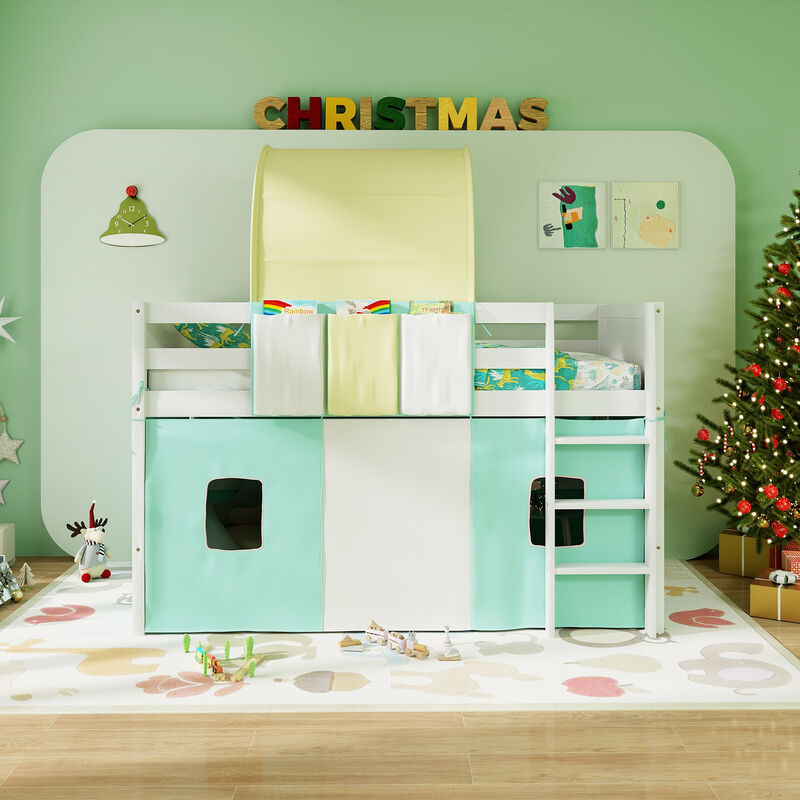Loft Bed Playhouse Bed Frame with Tower Tent and 3 Storage Pockets
