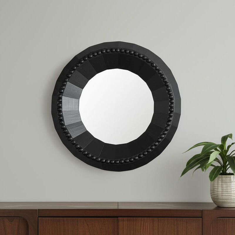 HomeRoots 30" Black Solid Wood Faceted And Beaded Round Framed Accent Mirror image number 1