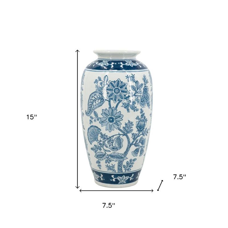 Hivvago 15 Inch Light Blue And White Floral Porcelain Urn Vase