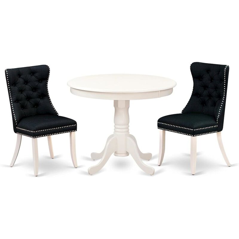 East West Furniture ANDA3-LWH-24 3 Piece Dining Set Includes a Round Kitchen Table with Pedestal and 2 Upholstered Chairs, Linen White