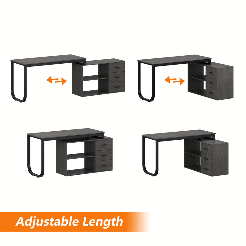 55.1 in. L-Shaped Gray Wood Writing Desk Corner Gaming Desk With 2-Tier Shelves and 3-Drawers Home Office Use