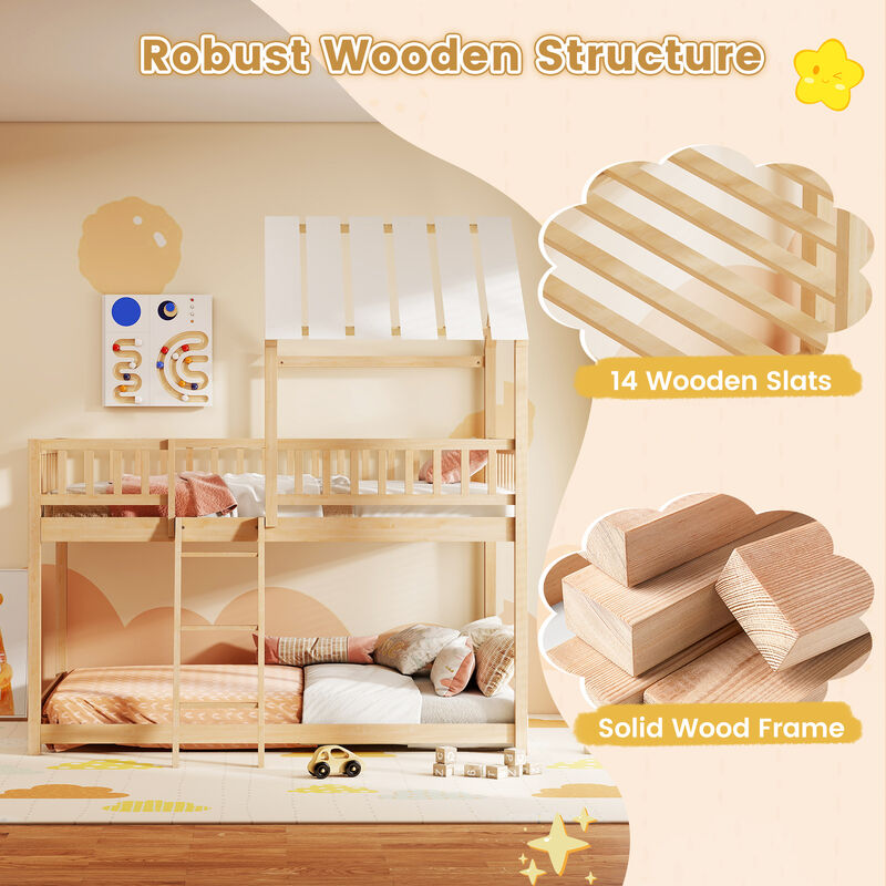 Kids Twin Over Twin House Bunk Bed with Roof & Safety Guardrails-Natural image number 6