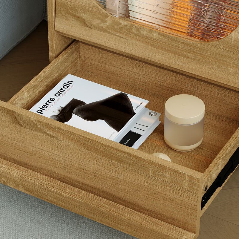 FUFU&GAGA Modern Robot Design Nightstand with 360° Swivel Top, Glass Door and Drawer, Touch LED Lighting, (18.9 in. W x 16.8 in. D x 29.4 in. H), Brown