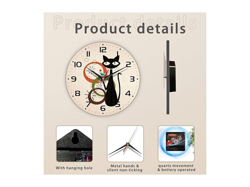 Black Cat Wooden Hanging Wall Clock 10 Inch Silent Non Ticking Wood Home Decor image number 2