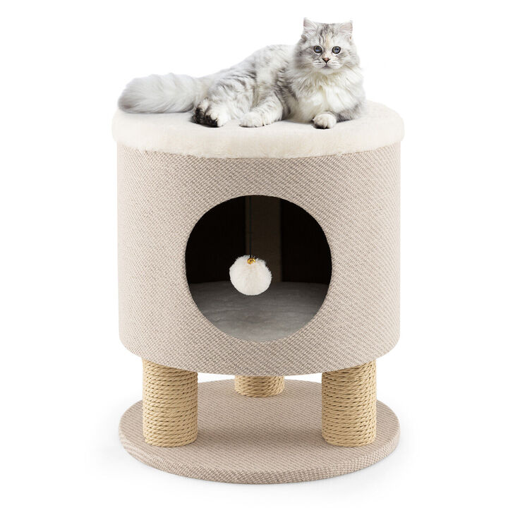 3-in-1 Cat Condo Stool Kitty Bed with Scratching Posts and Plush Ball Toy