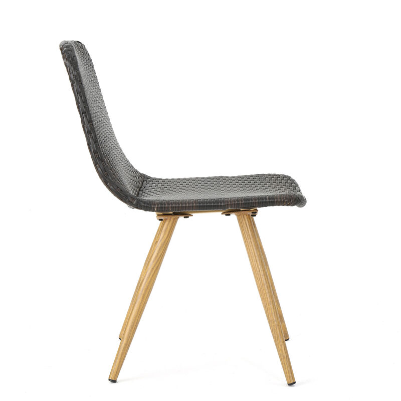 Illa Side Dining Chair, Modern Style Iron Legs, Dark Gray Wicker Rattan - Benzara