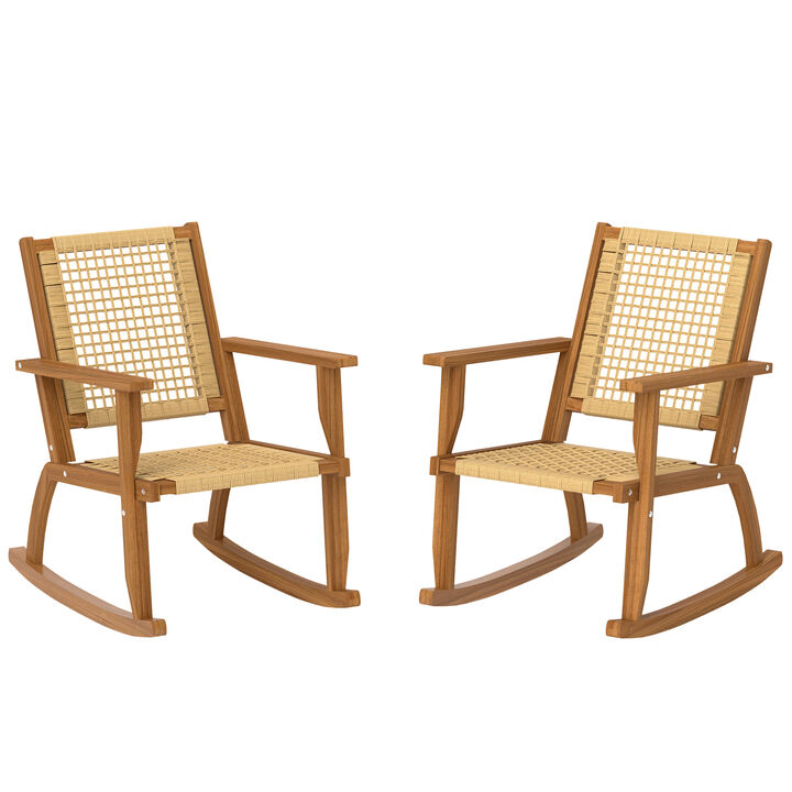 Hivvago Acacia Wood Patio Rocking Chairs Set of 2 Wicker Seat