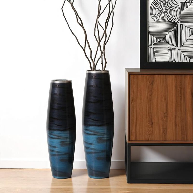 HomeRoots Set of Two Black And Blue Abstract Glass Cylinder Floor Vases image number 1
