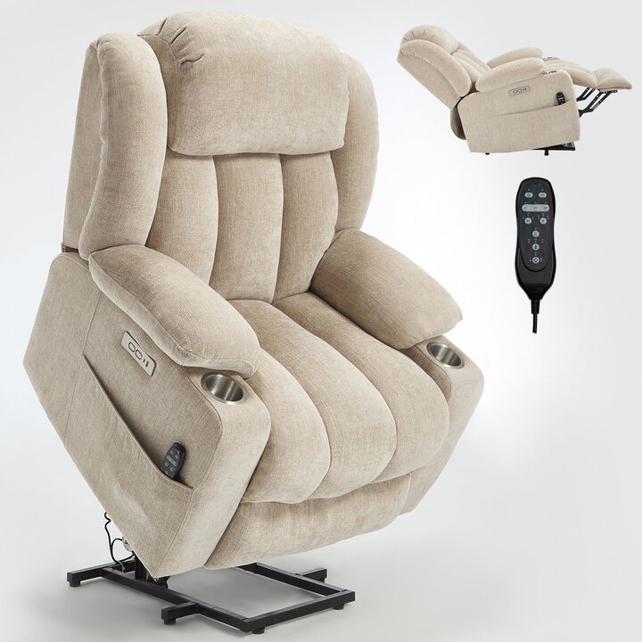 Chenille Power Lift Recliner Chair, with Massage and Heating, USB and Type-C Ports, Stainless Steel Cup Holders
