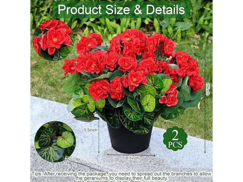 Red Artificial Geranium Flowers UV Resistant Garden Porch Decor image number 2