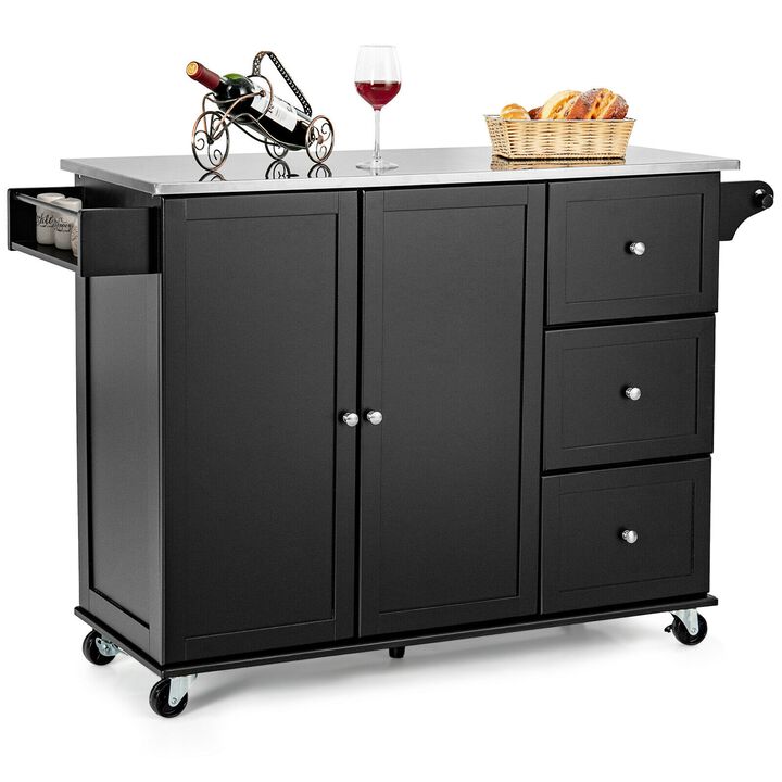 Kitchen Island 2-Door Storage Cabinet with Drawers and Stainless Steel Top
