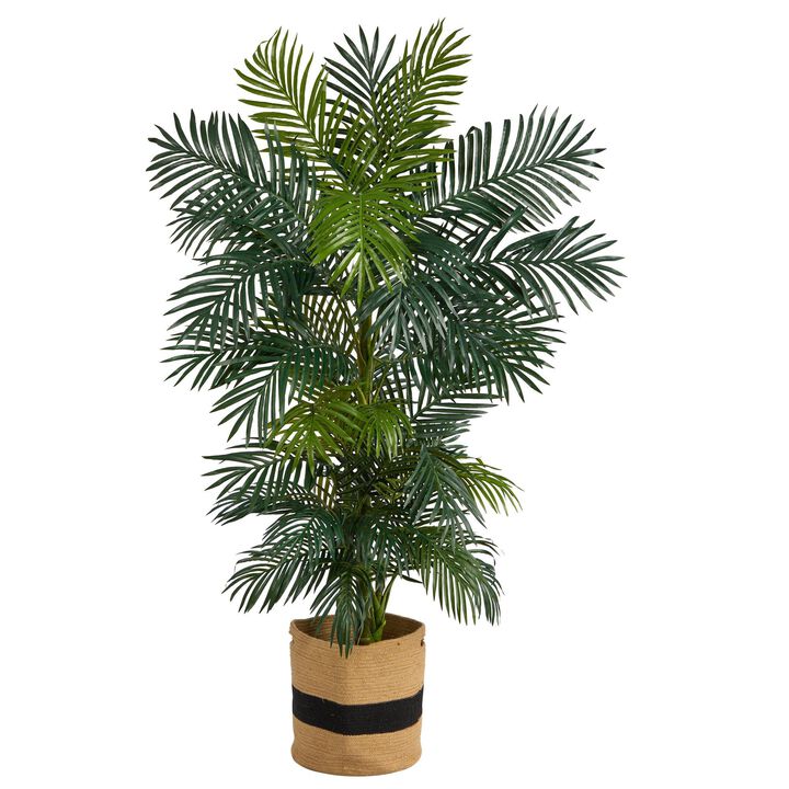 Nearly Natural 6.5-ft Golden Cane Palm Tree in Handmade Cotton Planter
