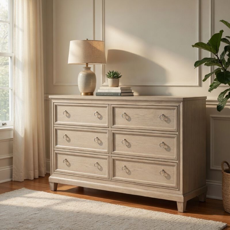 Kylie Wide Dresser with 6 Drawers, Stepped Trim, Washed Oak Wood image number 8